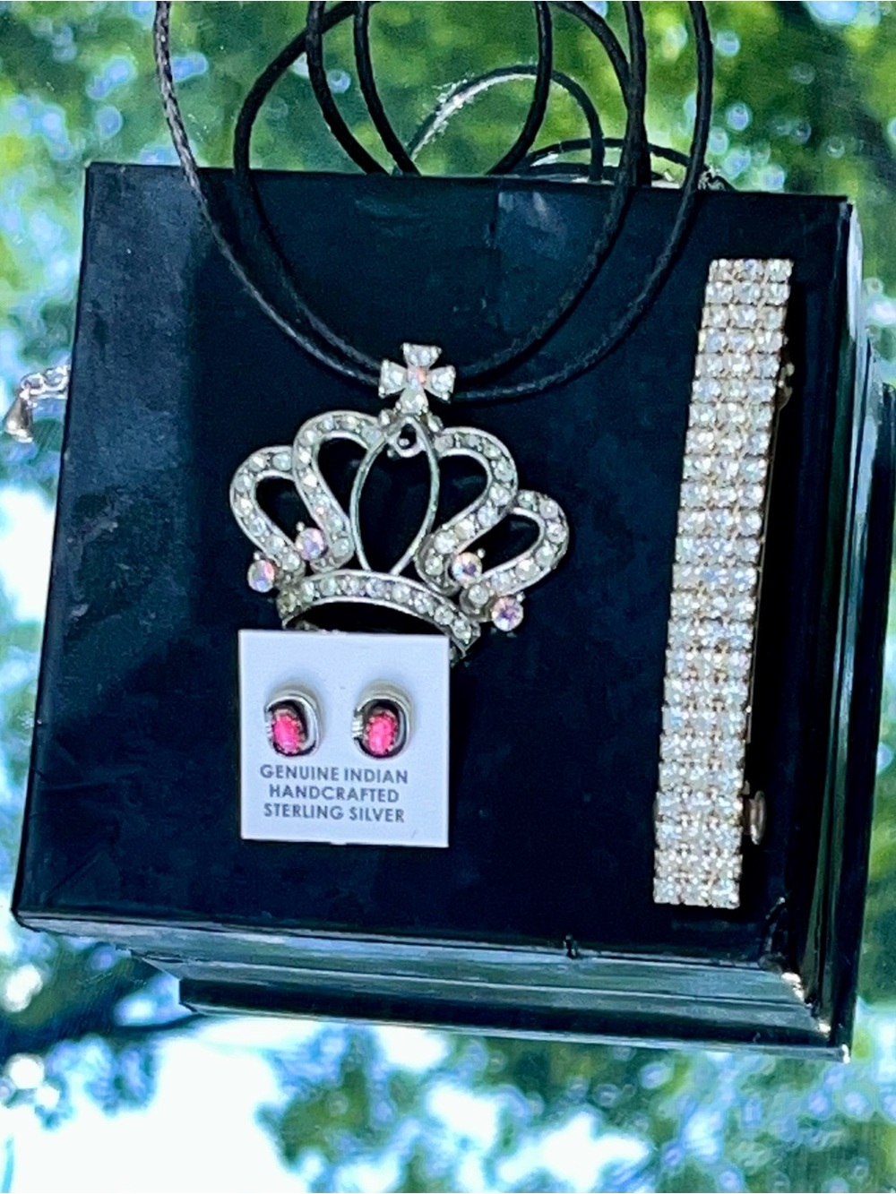 Crown choker Necklace with Genuine Pink Sterling Silver Studs and Hairclip
